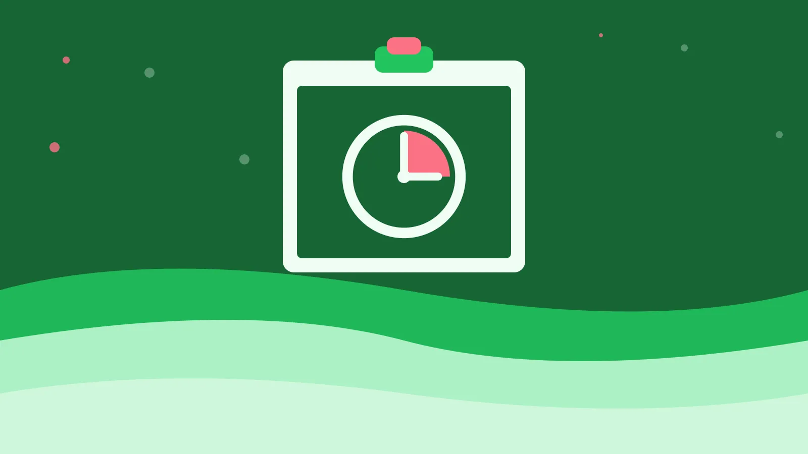 Illustration of a clock face with a quarter marked on a clipboard, on green waves