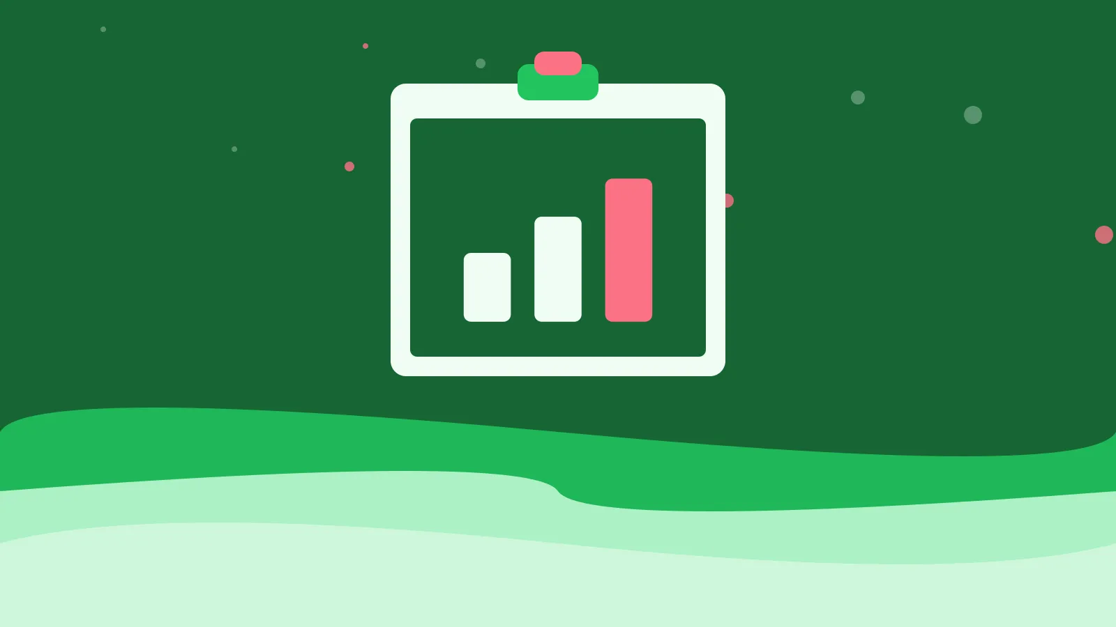 Illustration of three bars of increasing height on a clipboard, on green waves