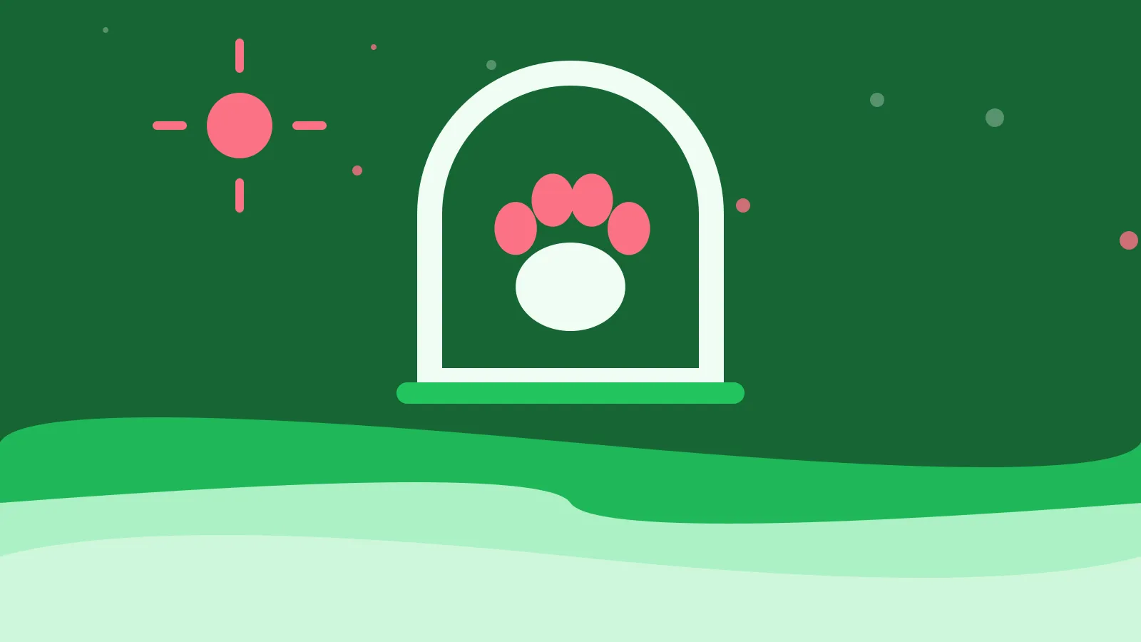 Illustration of an animal paw print inside an arched window, on green waves