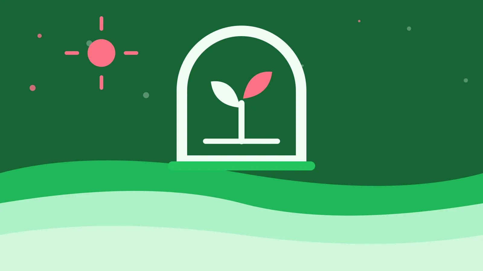 Illustration of a seedling with two leaves inside an arched window, on green waves