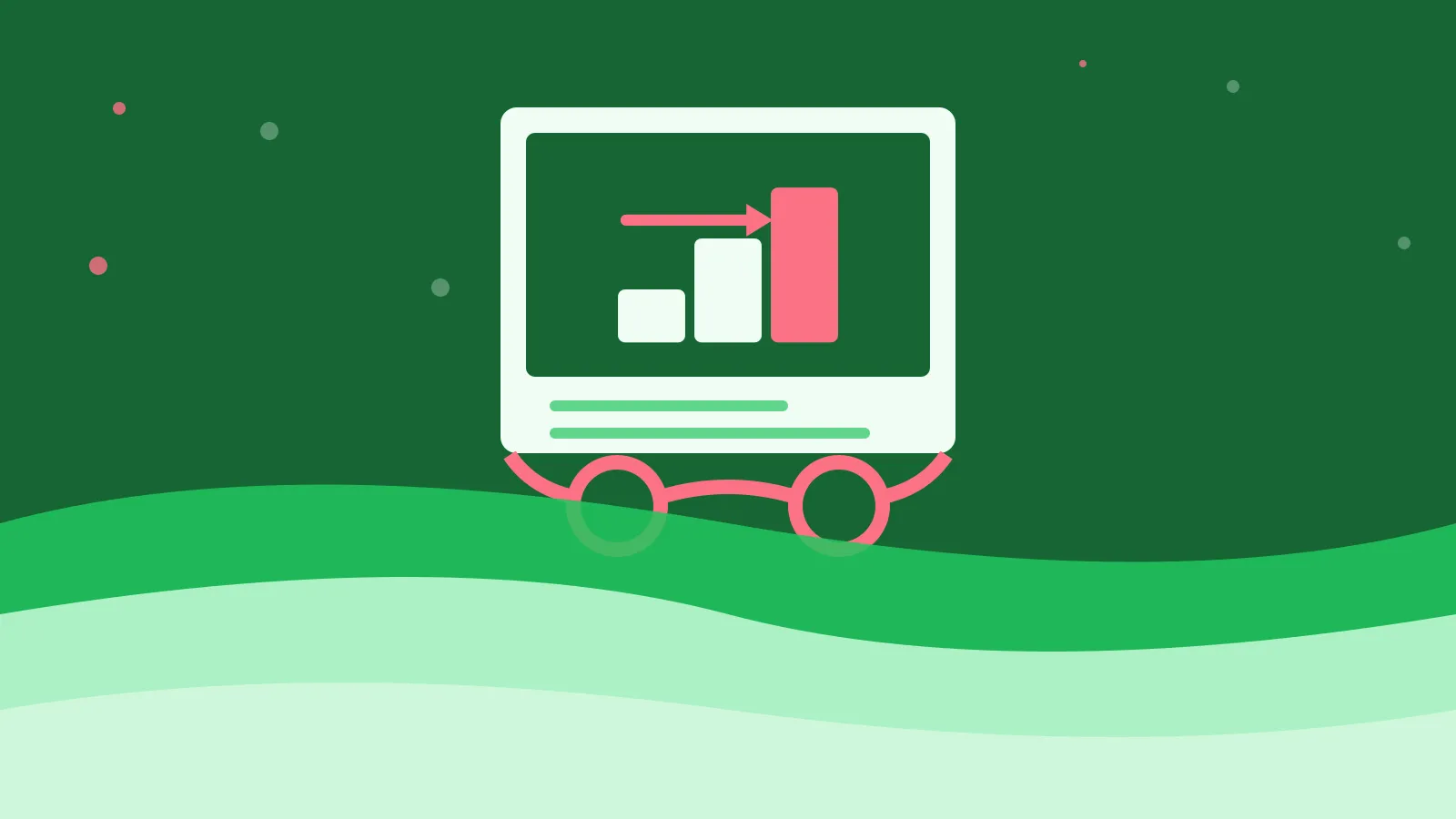 Illustration of three ascending blocks with an arrow, resting behind reading glasses, on green waves