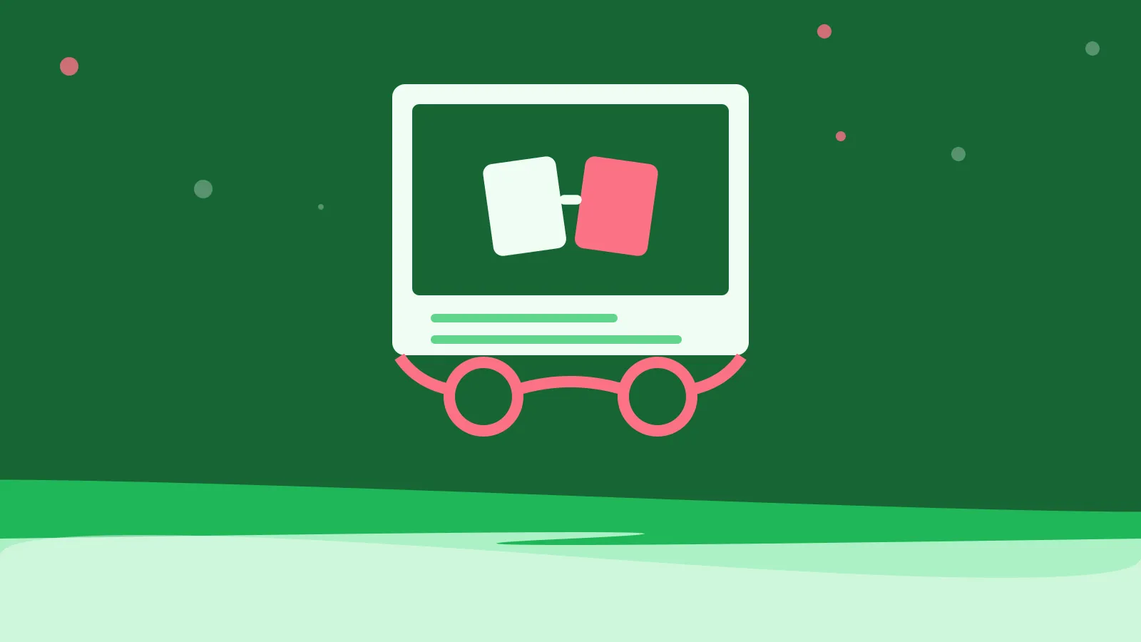 Illustration of two tilted tiles in different colours, resting behind reading glasses, on green waves