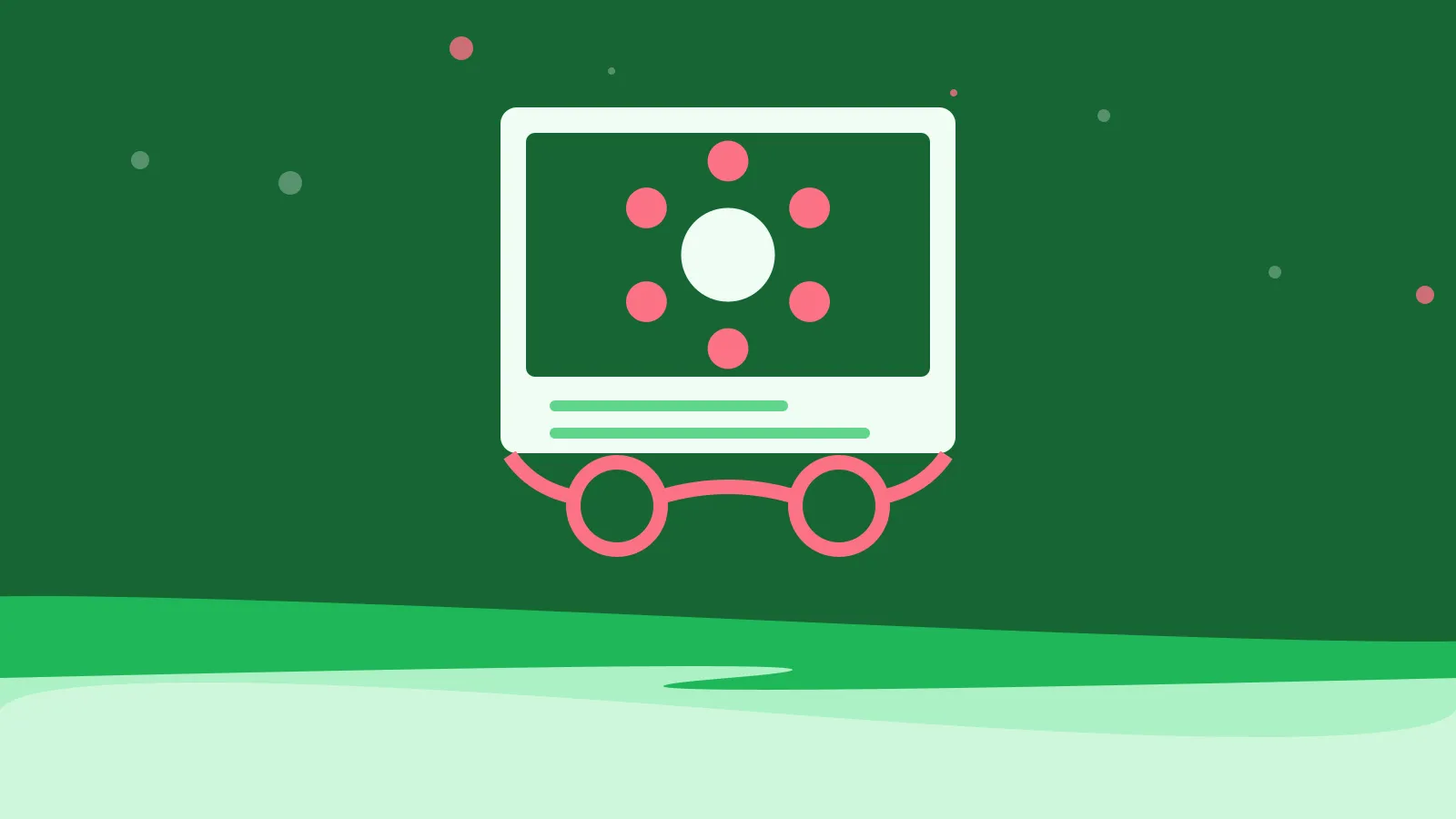 Illustration of a ring of dots around a centre circle, resting behind reading glasses, on green waves