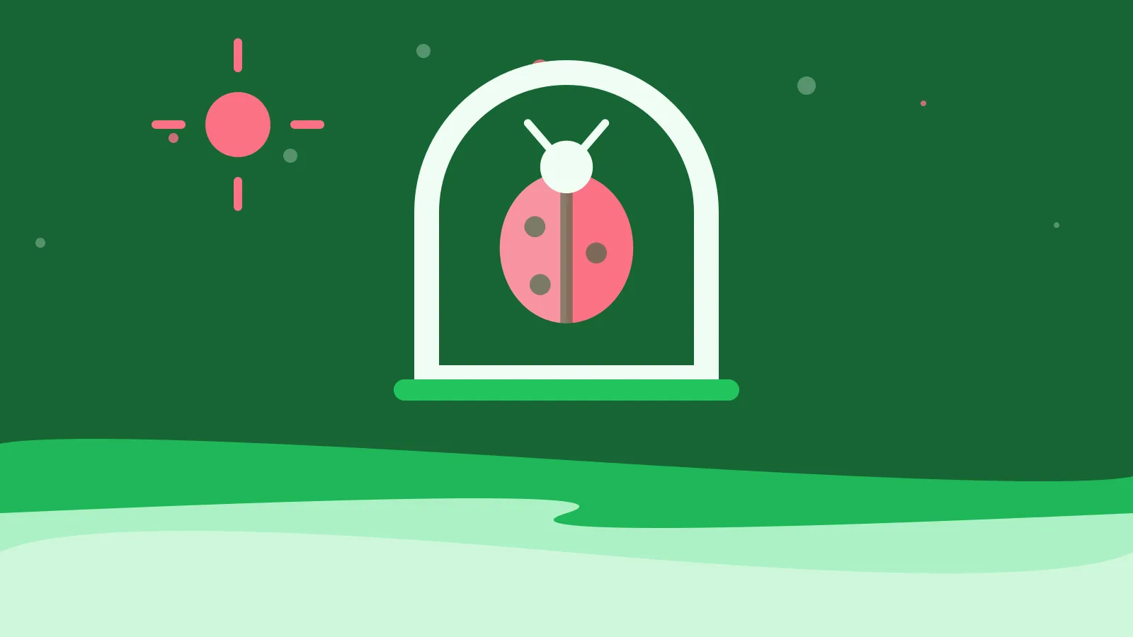 Illustration of a ladybird inside an arched window, on green waves