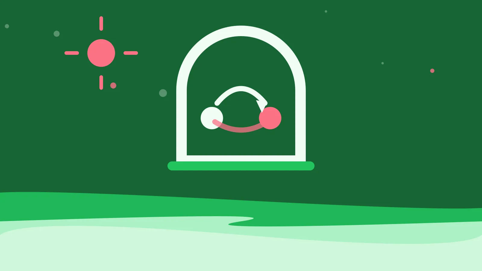 Illustration of two dots joined by curved arrows inside an arched window, on green waves