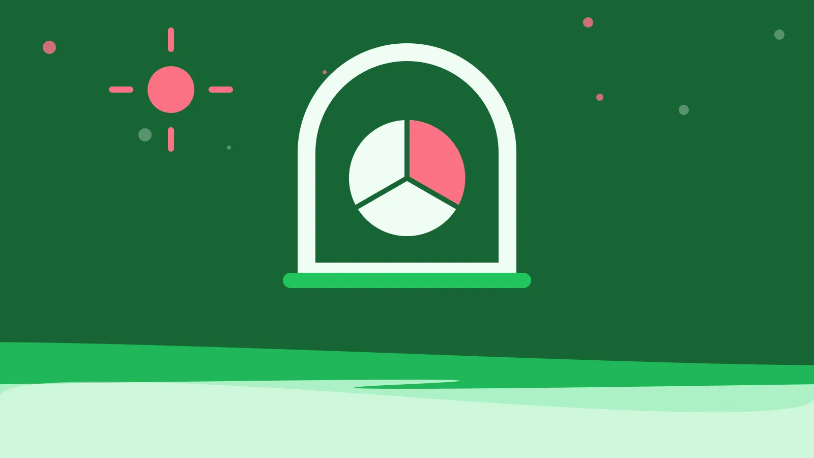 Illustration of a circle divided into slices inside an arched window, on green waves