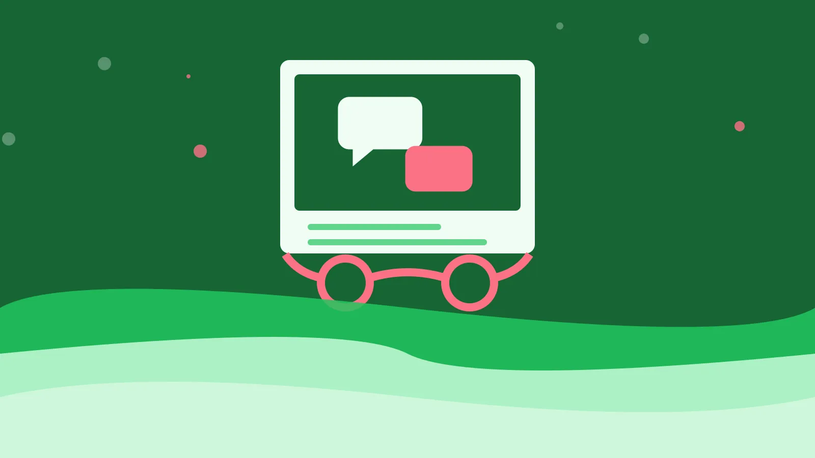 Illustration of two speech bubbles, resting behind reading glasses, on green waves