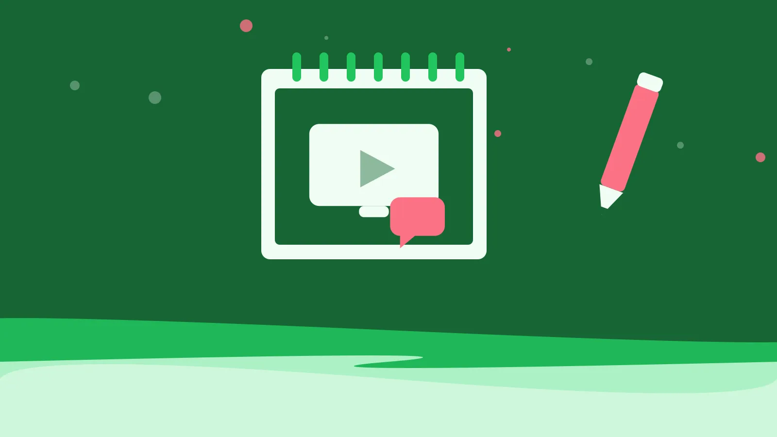 Illustration of a screen with a speech bubble on a spiral notepad, on green waves
