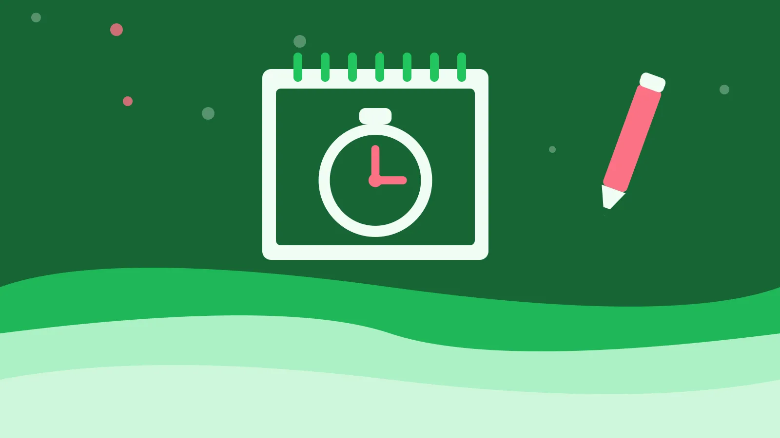 Illustration of a stopwatch on a spiral notepad, on green waves