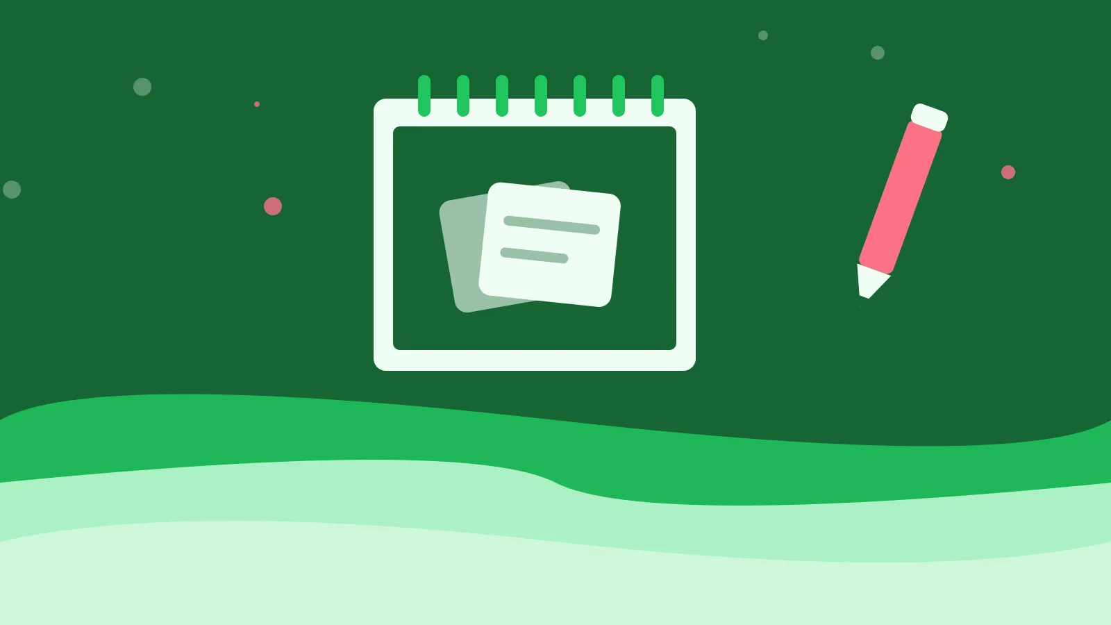 Illustration of two stacked cards on a spiral notepad, on green waves