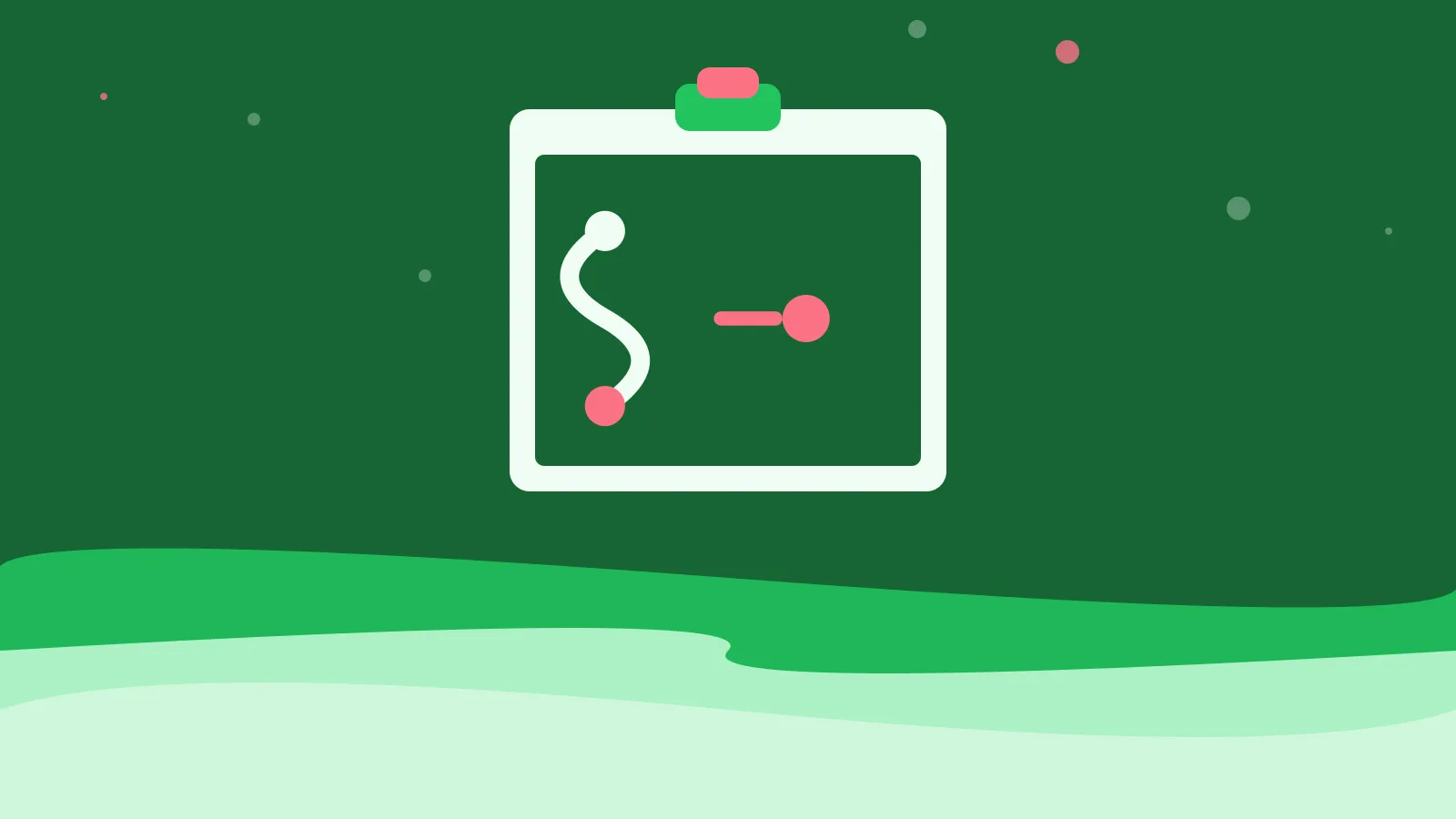 Illustration of a winding path between two markers on a clipboard, on green waves