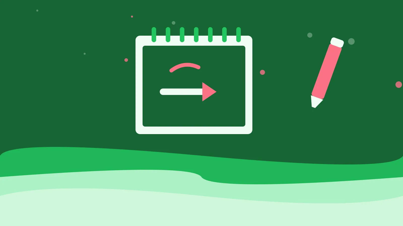 Illustration of an arrow nudging forward on a spiral notepad, on green waves