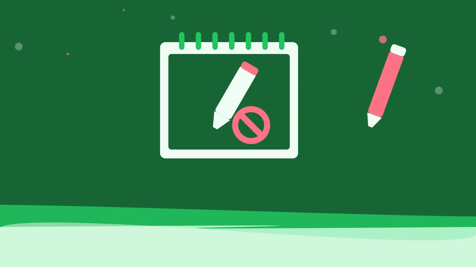 Illustration of a pencil with a prohibition sign on a spiral notepad, on green waves