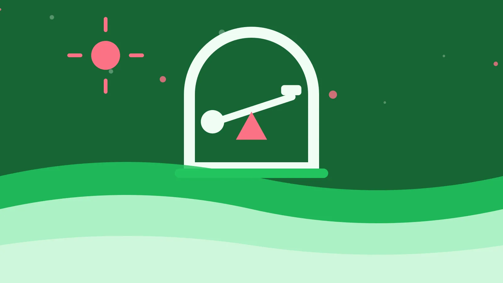 Illustration of a lever balanced on a fulcrum inside an arched window, on green waves