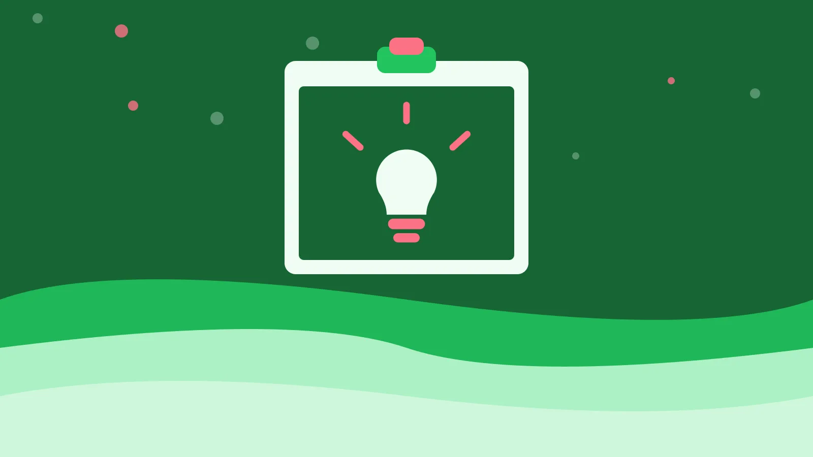 Illustration of a lightbulb with rays on a clipboard, on green waves