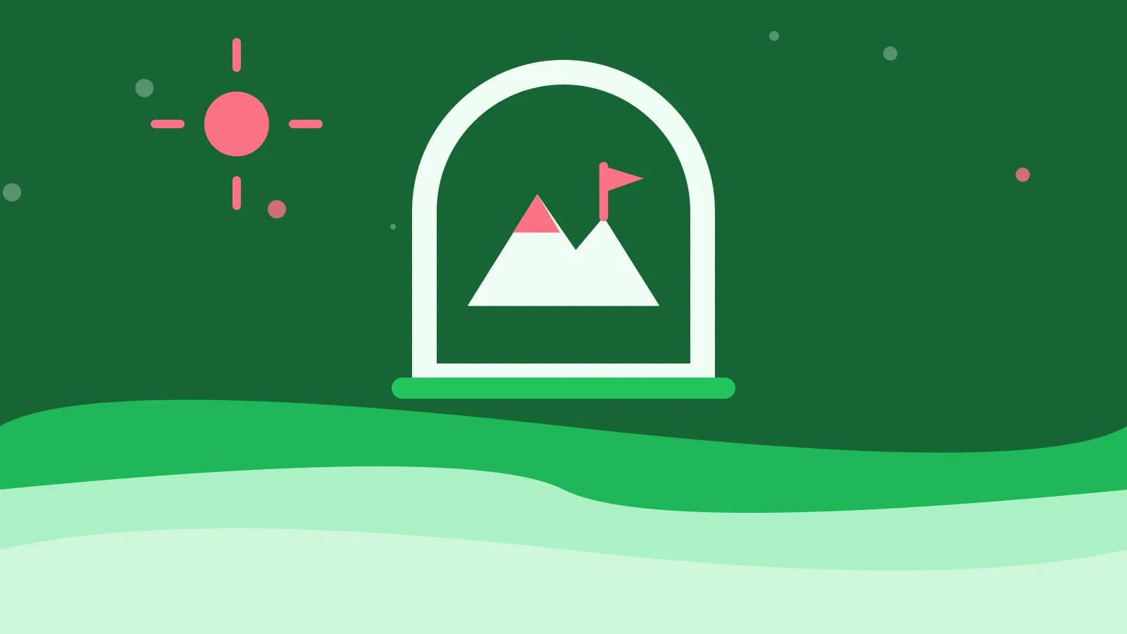 Illustration of a mountain peak with a flag inside an arched window, on green waves