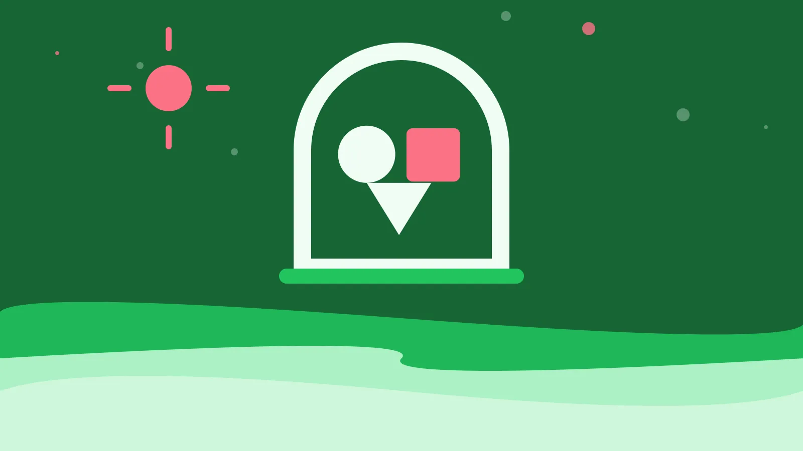 Illustration of a circle, square, and triangle inside an arched window, on green waves
