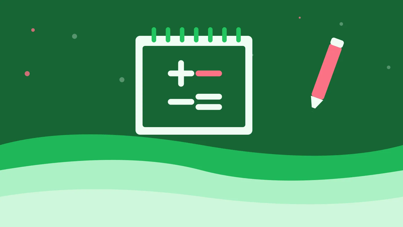 Illustration of plus, minus, and equals signs on a spiral notepad, on green waves
