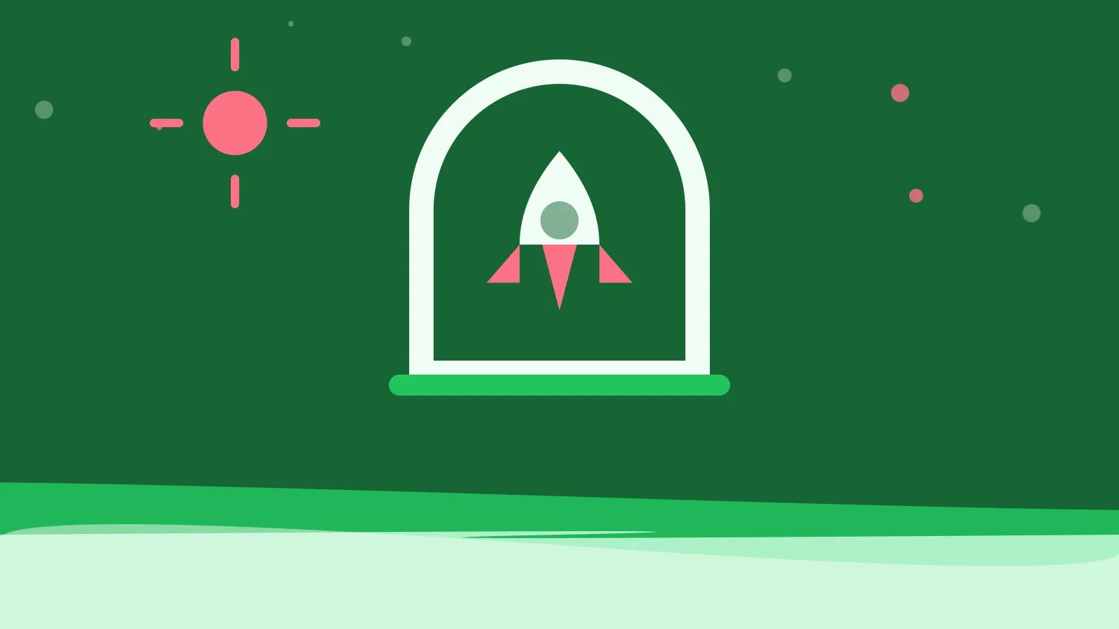 Illustration of a rocket inside an arched window, on green waves