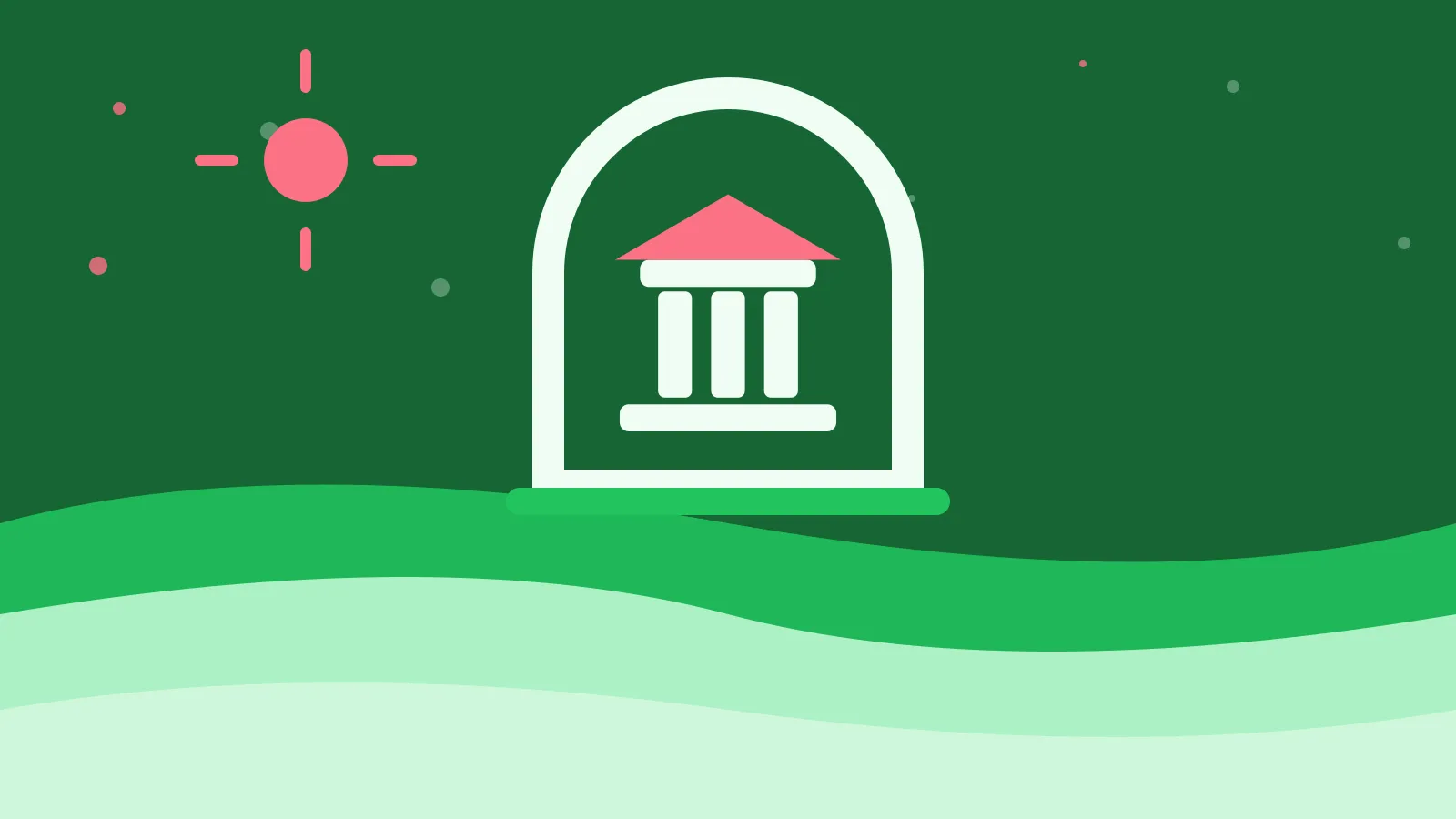 Illustration of a classical columned building inside an arched window, on green waves