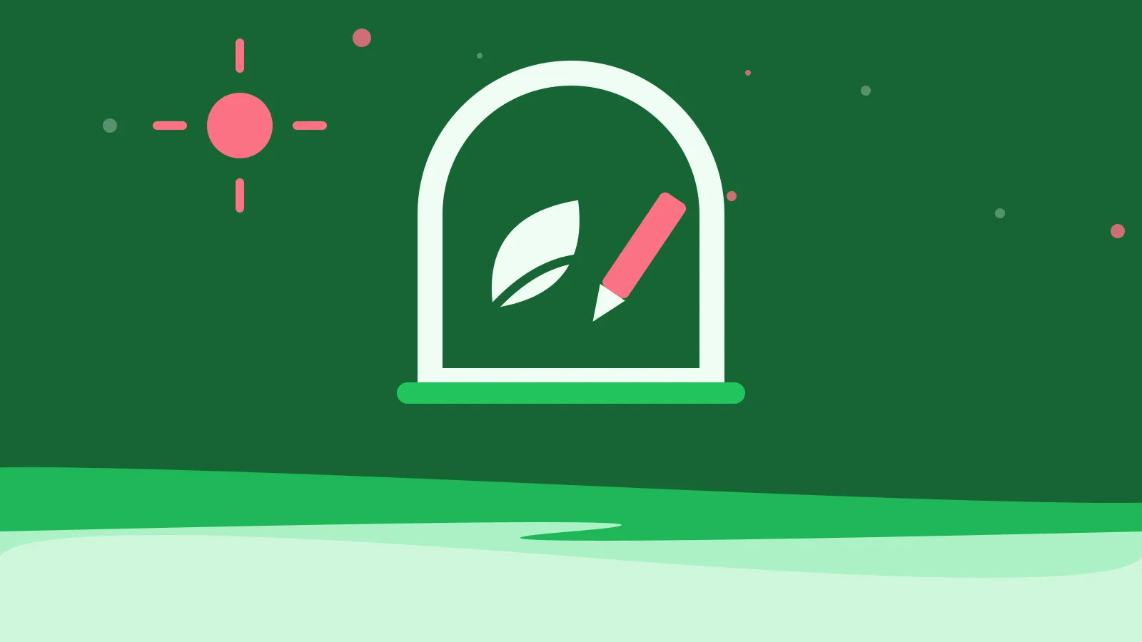 Illustration of a leaf beside a pen inside an arched window, on green waves