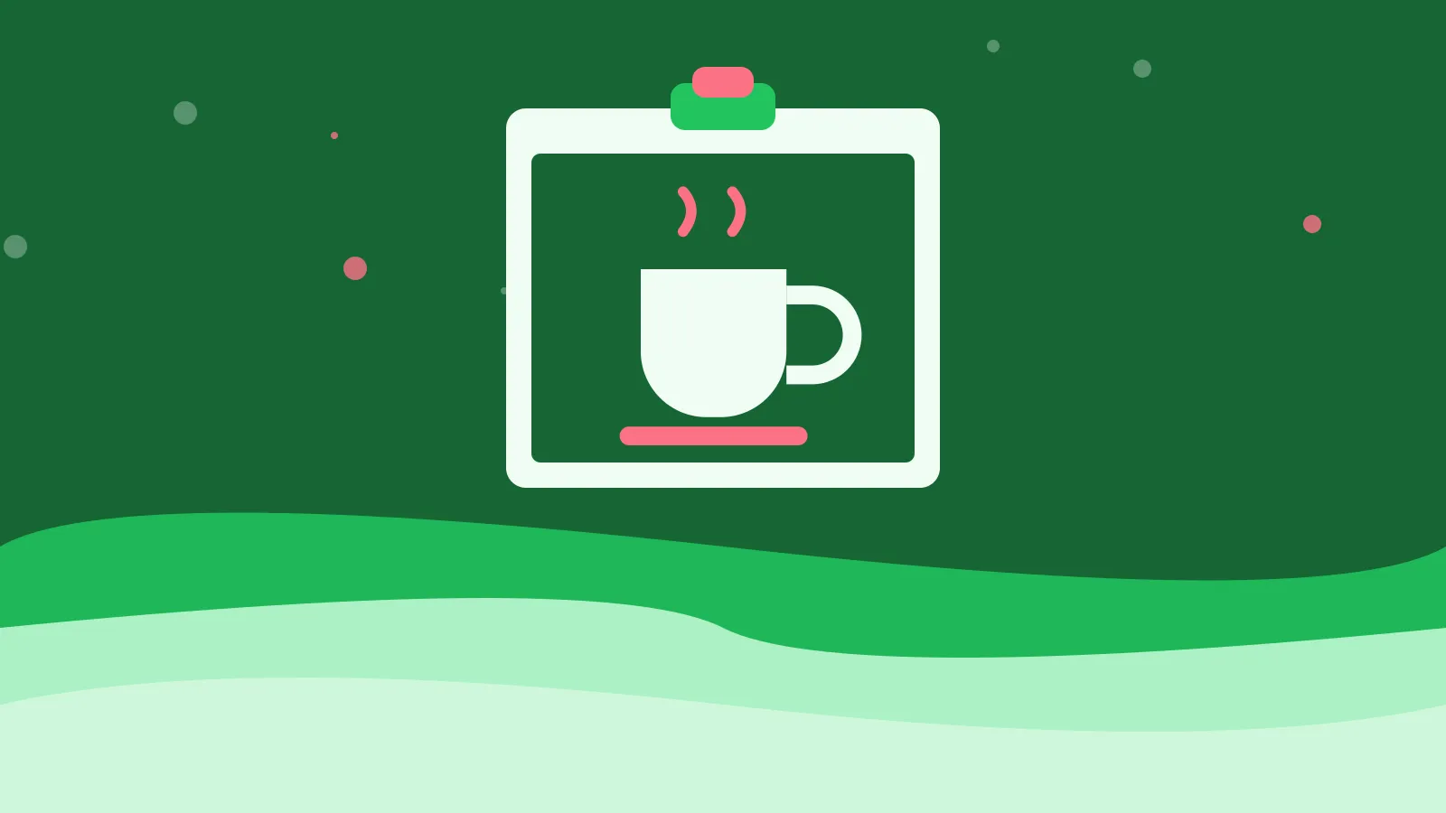 Illustration of a steaming mug on a clipboard, on green waves