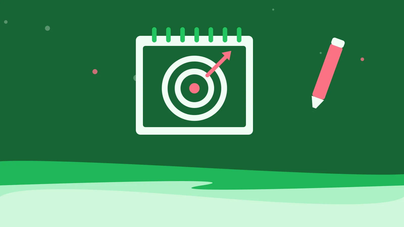 Illustration of a target with an arrow on a spiral notepad, on green waves