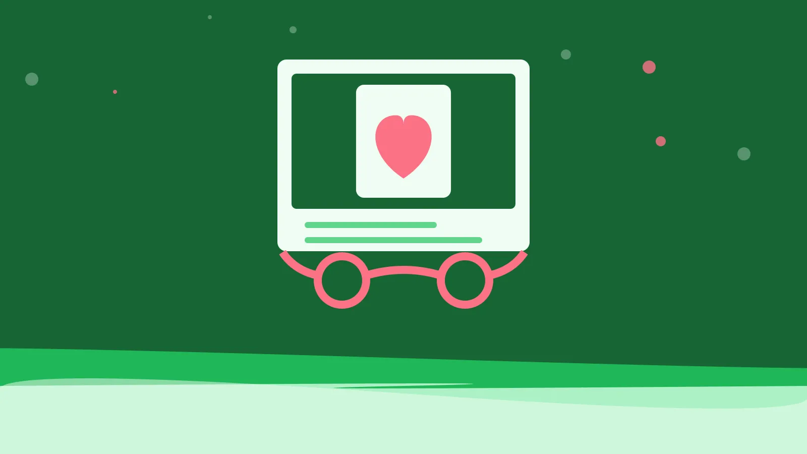 Illustration of a page with a heart on it, resting behind reading glasses, on green waves
