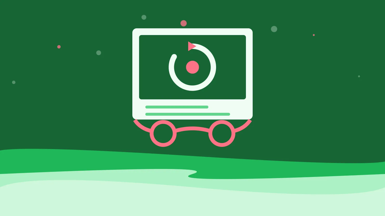 Illustration of three circular arrows, resting behind reading glasses, on green waves
