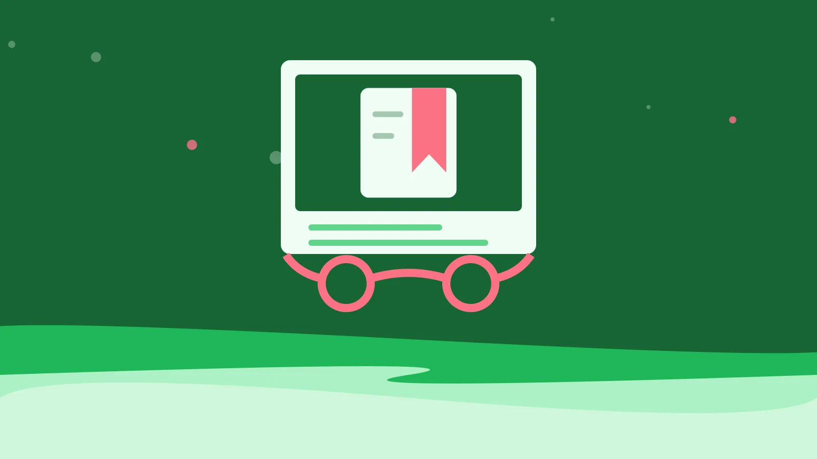 Illustration of a page with a bookmark ribbon, resting behind reading glasses, on green waves