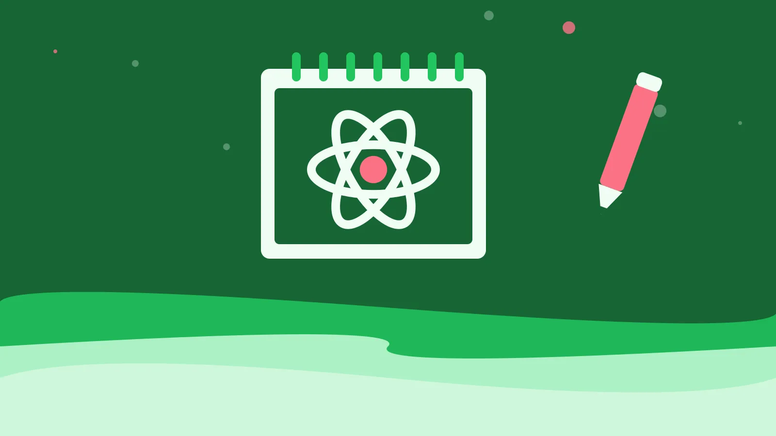 Illustration of an atom with three orbits on a spiral notepad, on green waves