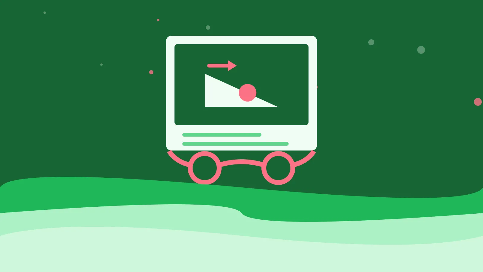 Illustration of a ramp with a circle rolling down, resting behind reading glasses, on green waves