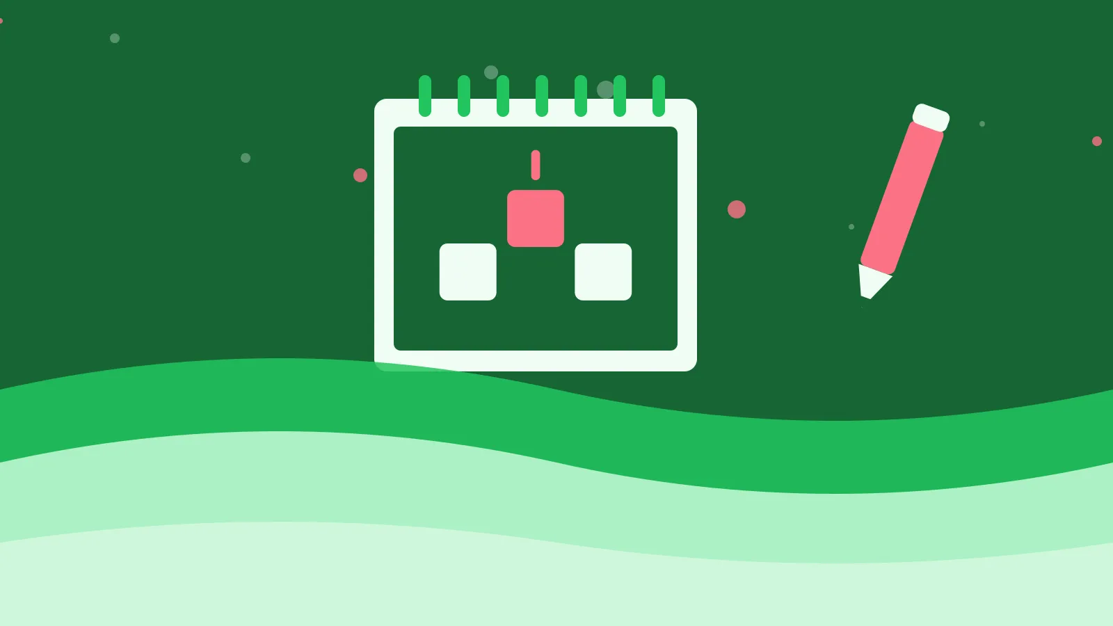 Illustration of three blocks with one raised, on a spiral notepad, on green waves