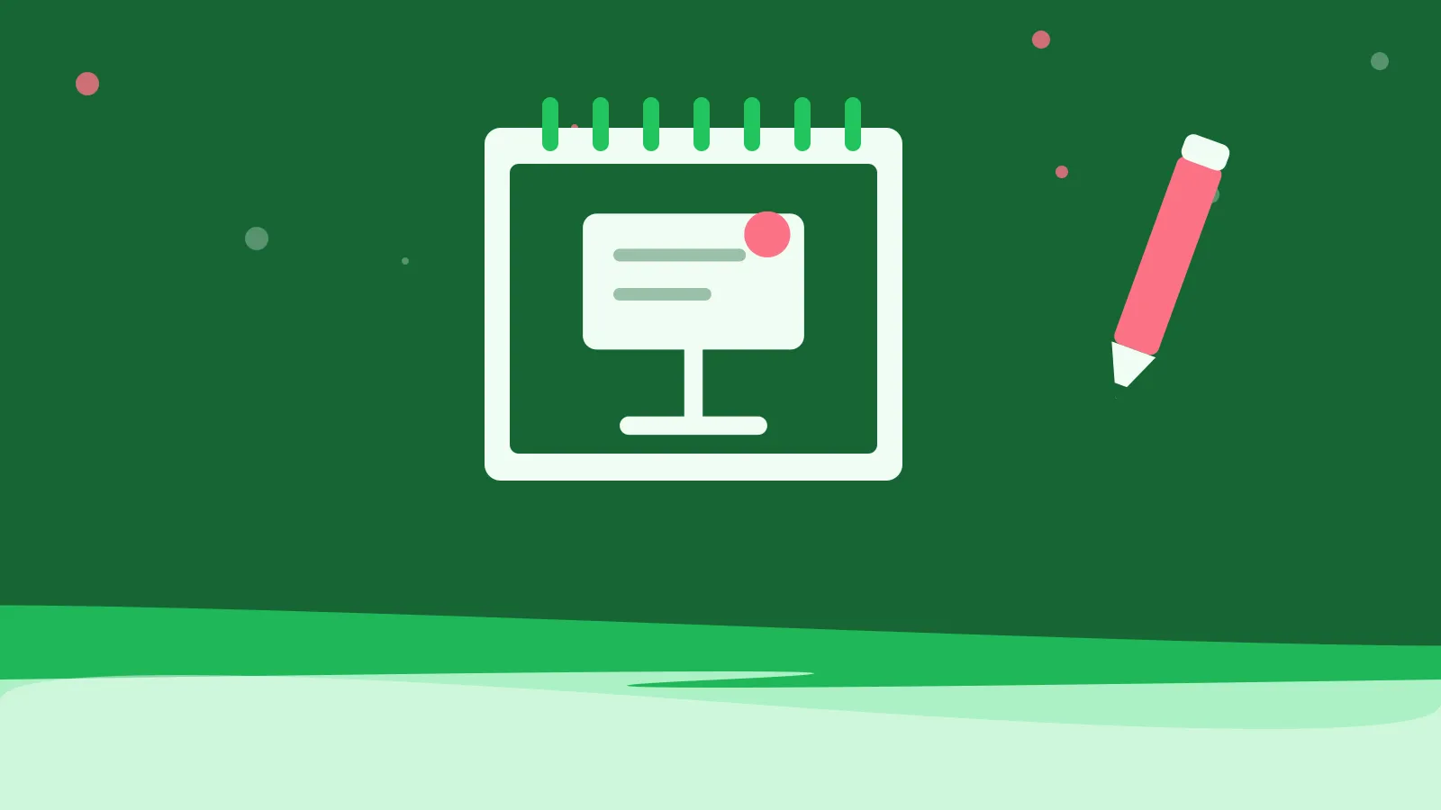 Illustration of a lectern with a pointer on a spiral notepad, on green waves