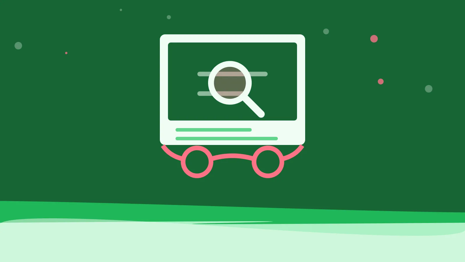Illustration of a magnifying lens over lines of text, resting behind reading glasses, on green waves