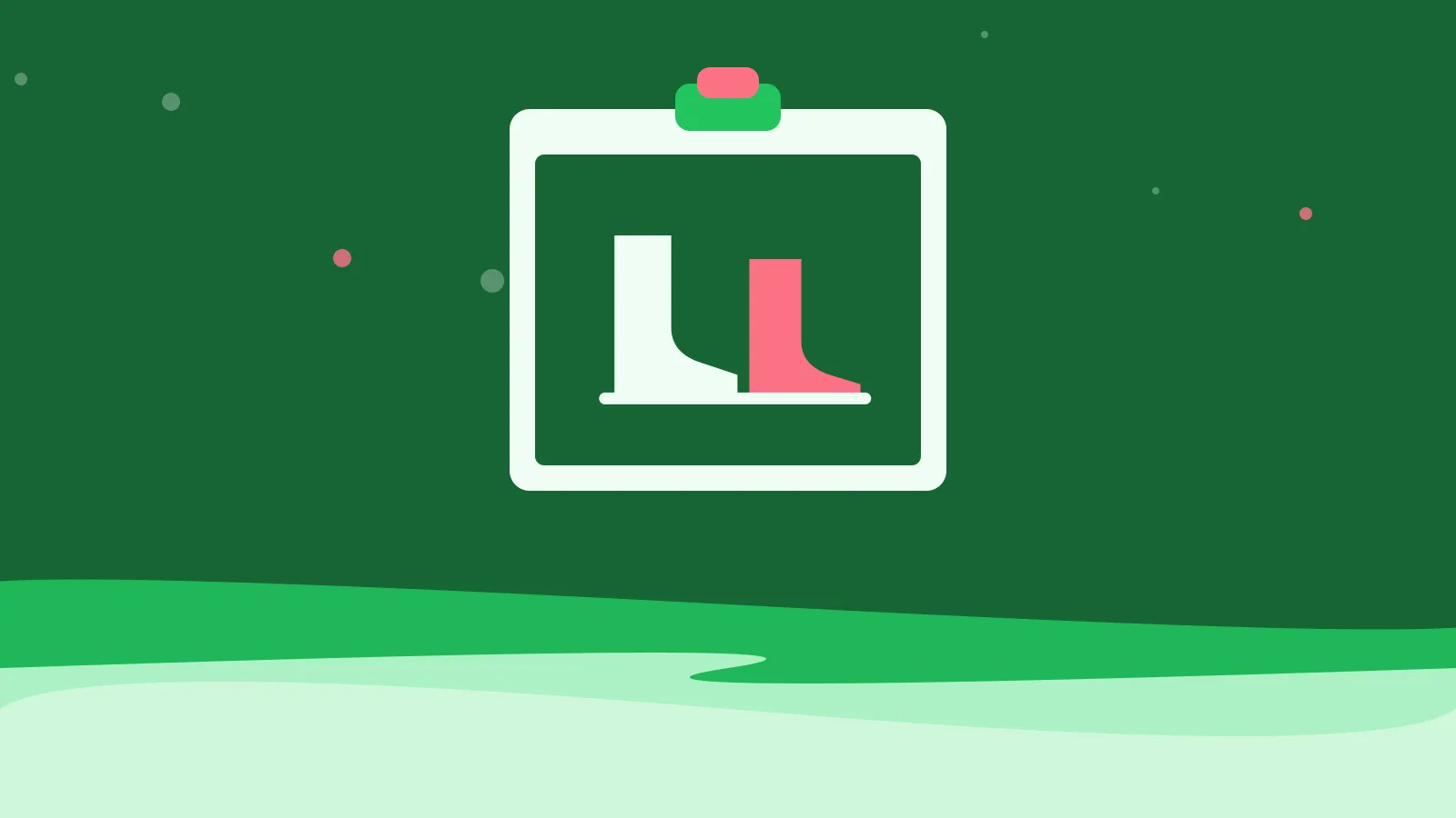 Illustration of two walking boots on a clipboard, on green waves