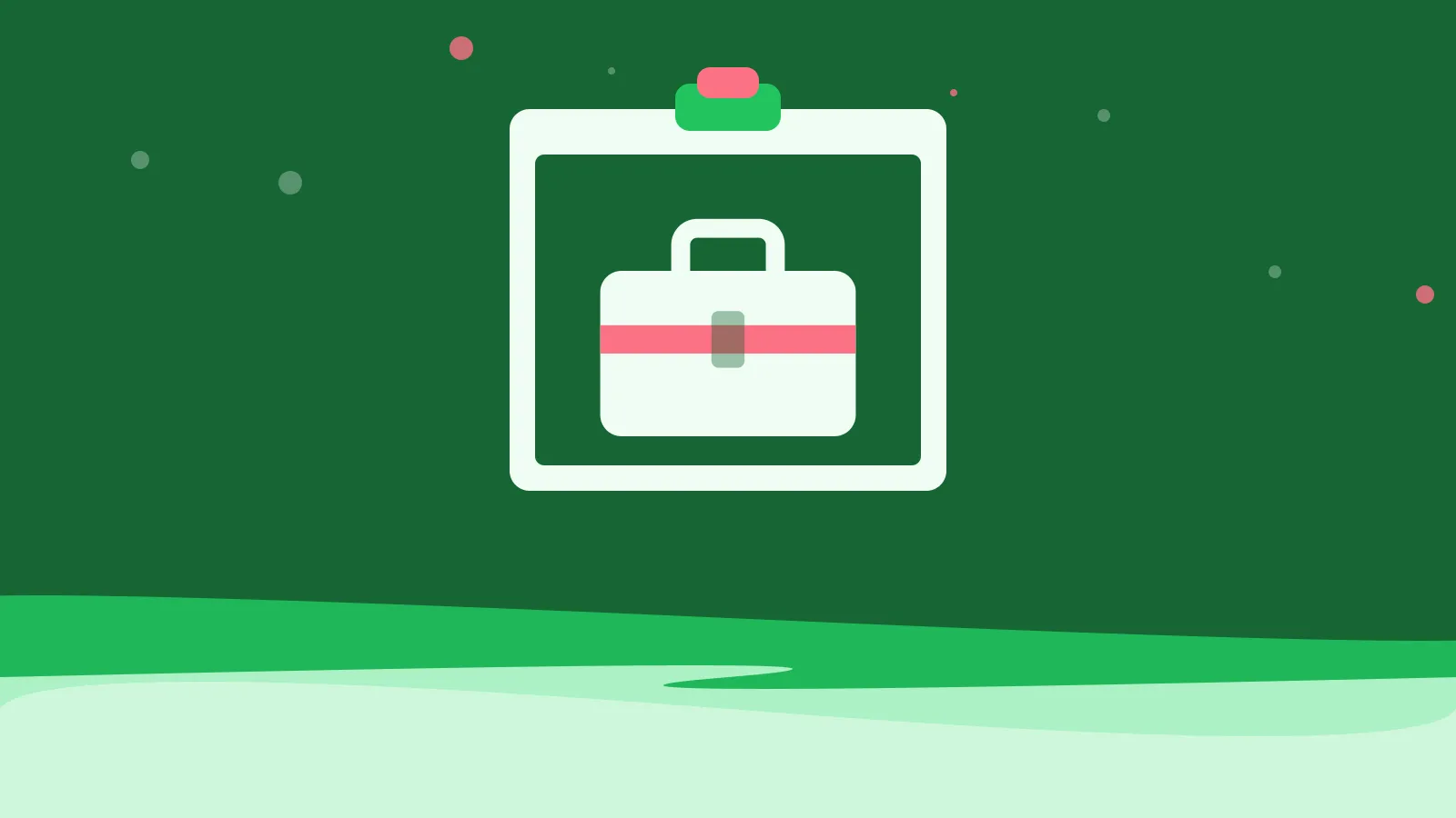 Illustration of a suitcase with a handle on a clipboard, on green waves