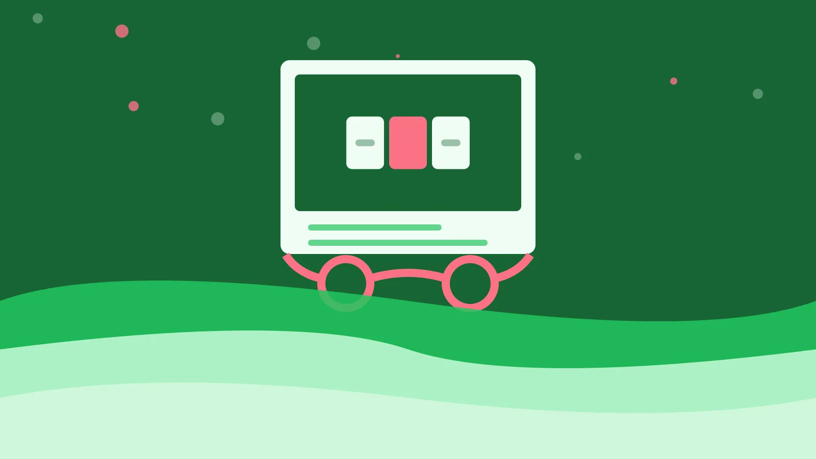 Illustration of three letter tiles, resting behind reading glasses, on green waves