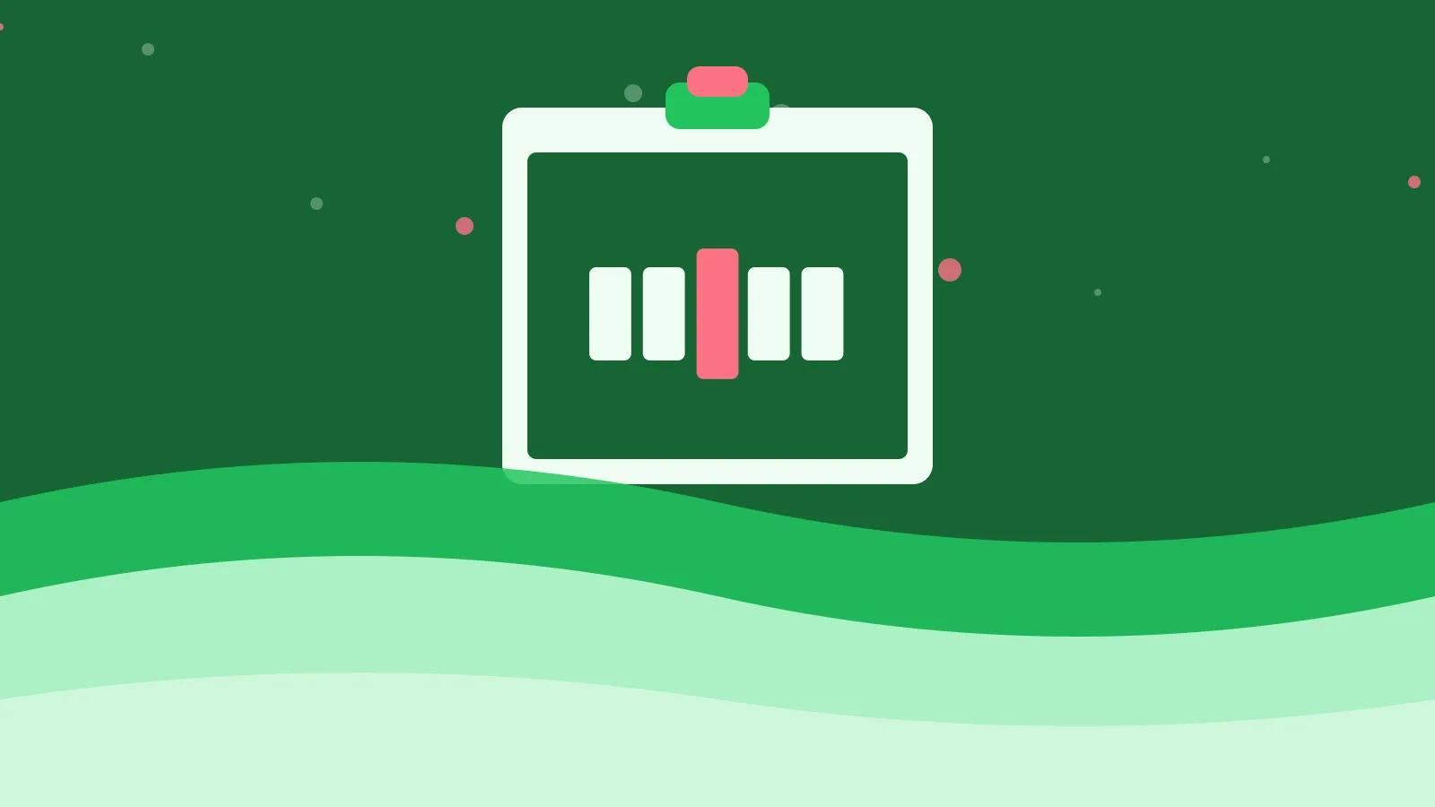 Illustration of a five-column week grid with one day highlighted on a clipboard, on green waves