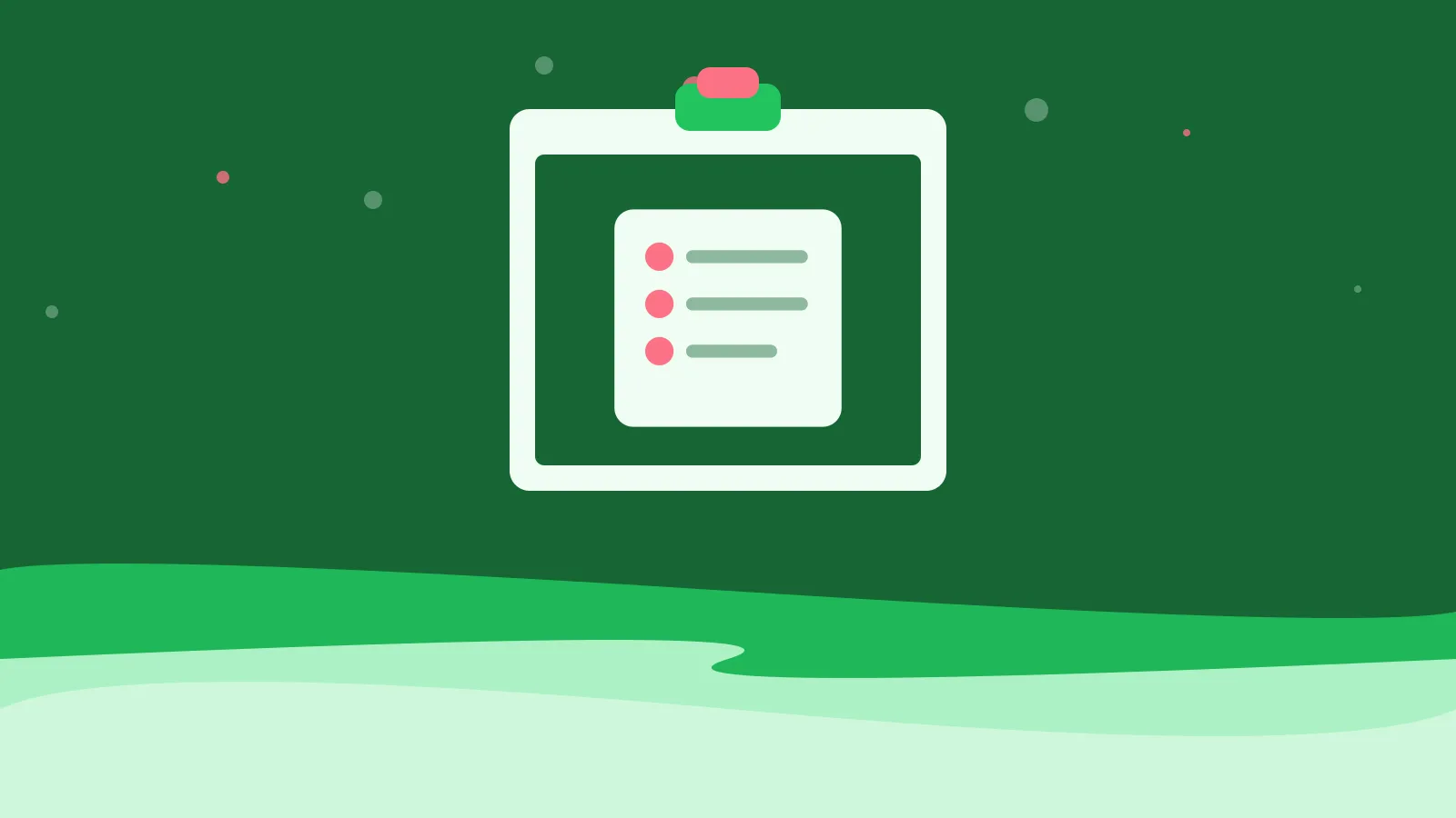 Illustration of a menu card with three checked rows on a clipboard, on green waves