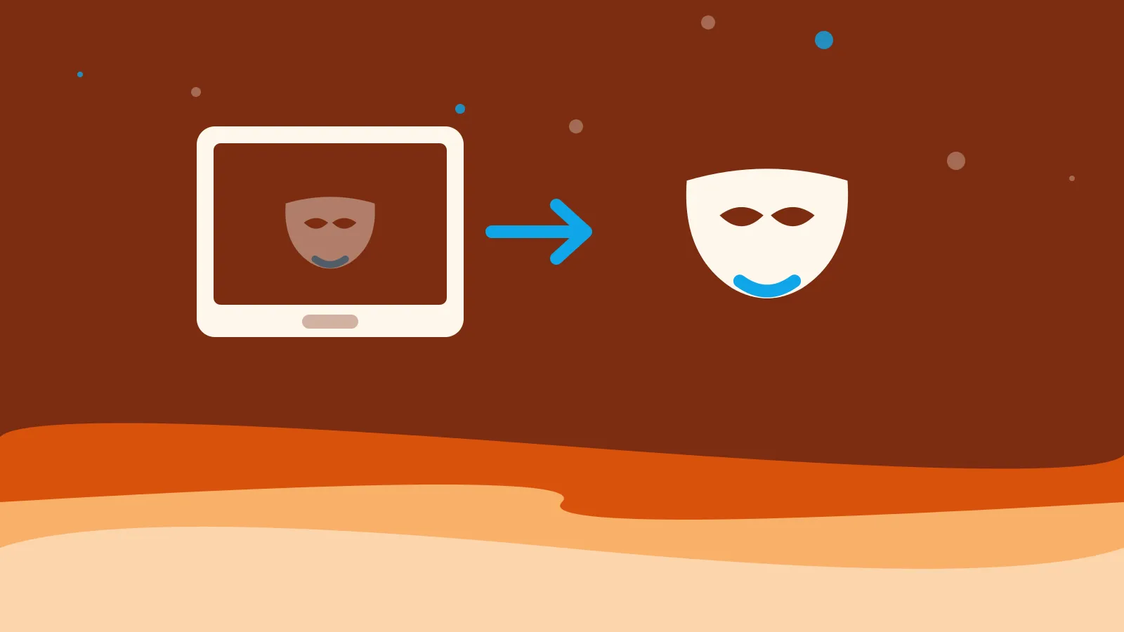 Illustration of a theatre mask stepping out of a screen, on warm orange waves