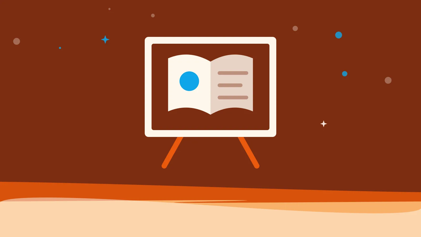 Illustration of an open field notebook with an animal sketch on a canvas and easel, on warm orange waves