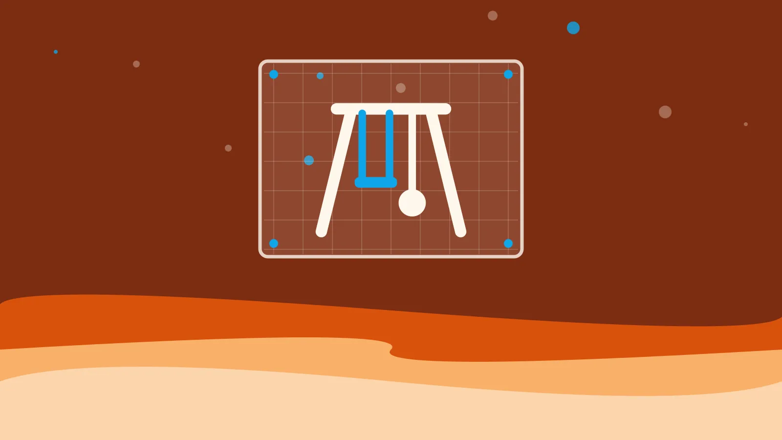 Illustration of a swing set drafted on a blueprint sheet, on warm orange waves