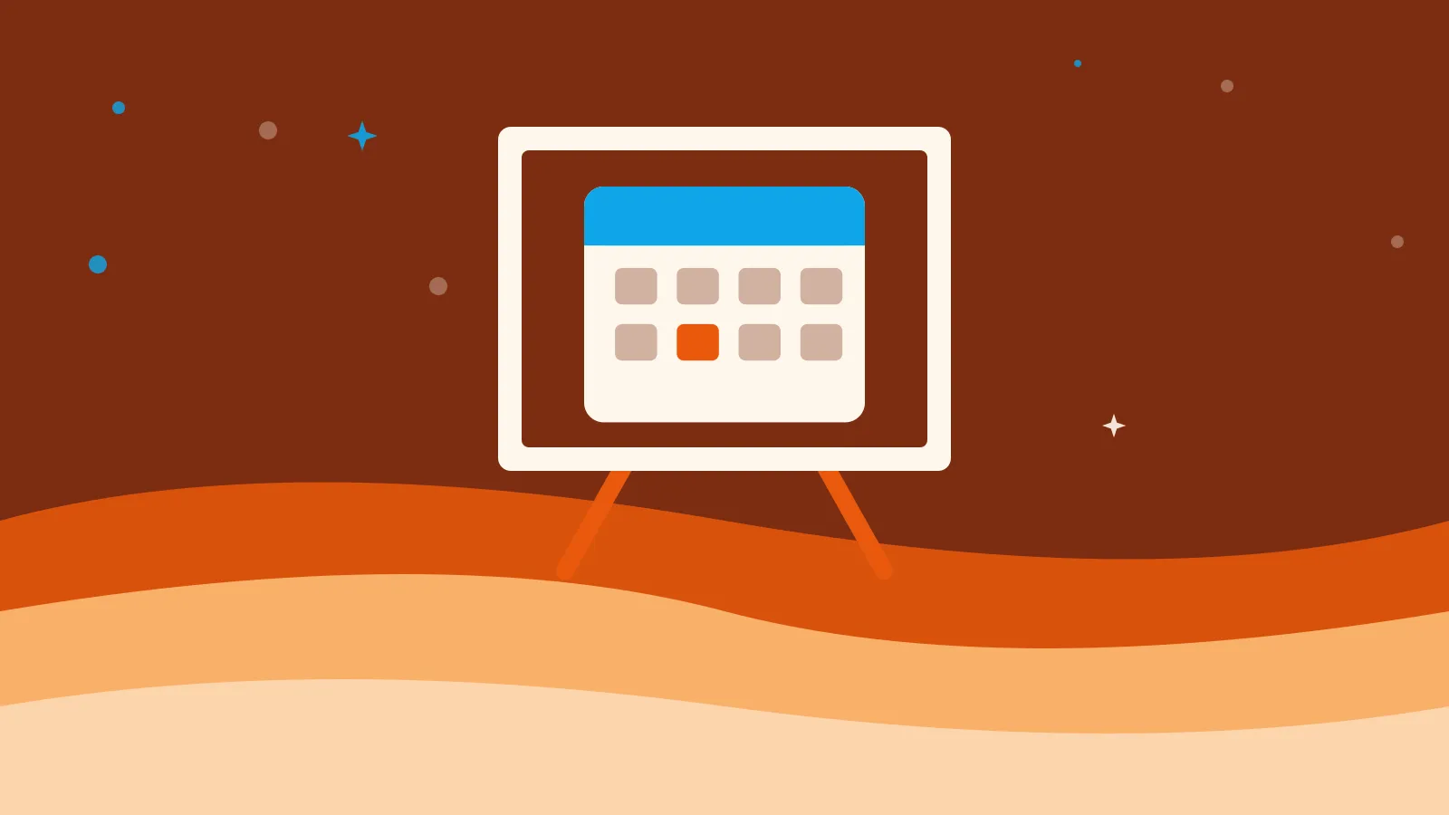 Illustration of a month grid calendar on a canvas and easel, on warm orange waves