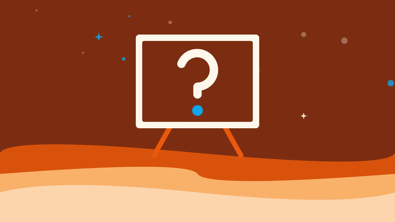Illustration of a large question mark on a canvas and easel, on warm orange waves