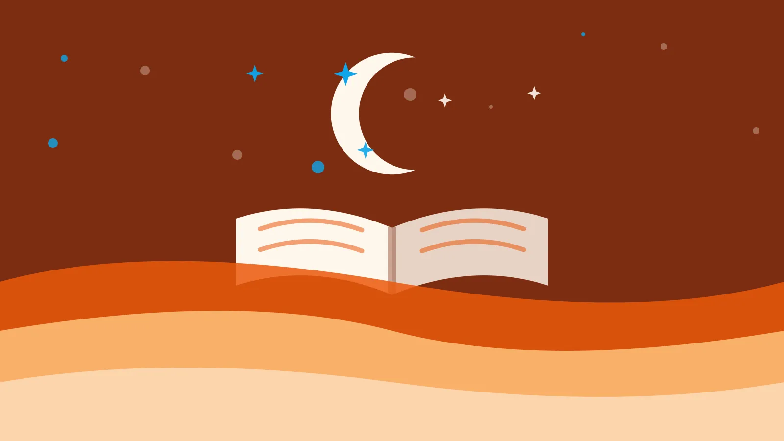 Illustration of a crescent moon and stars above an open book, on warm orange waves