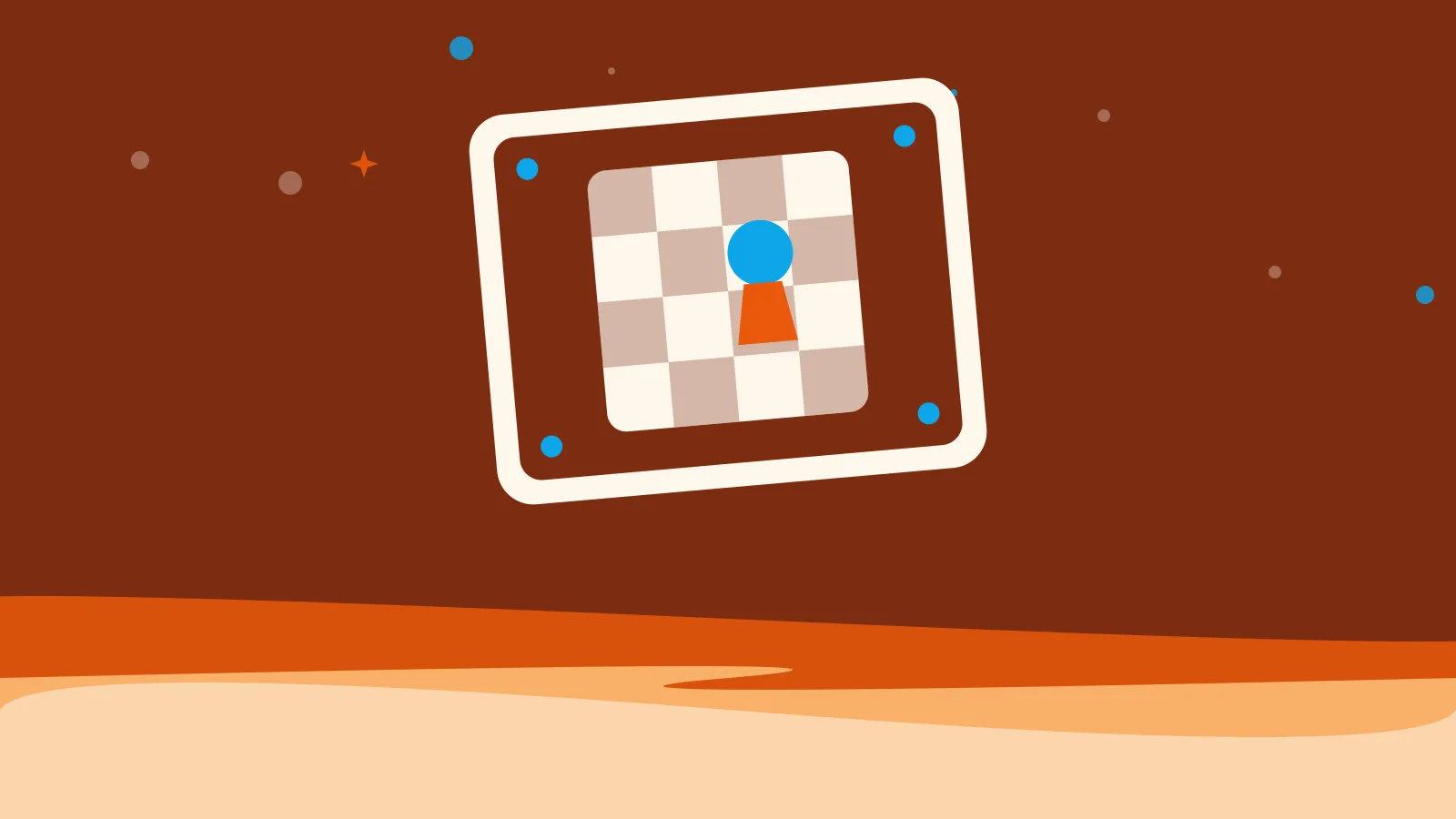 Illustration of a chequered board with a playing piece on a tilted game tile, on warm orange waves