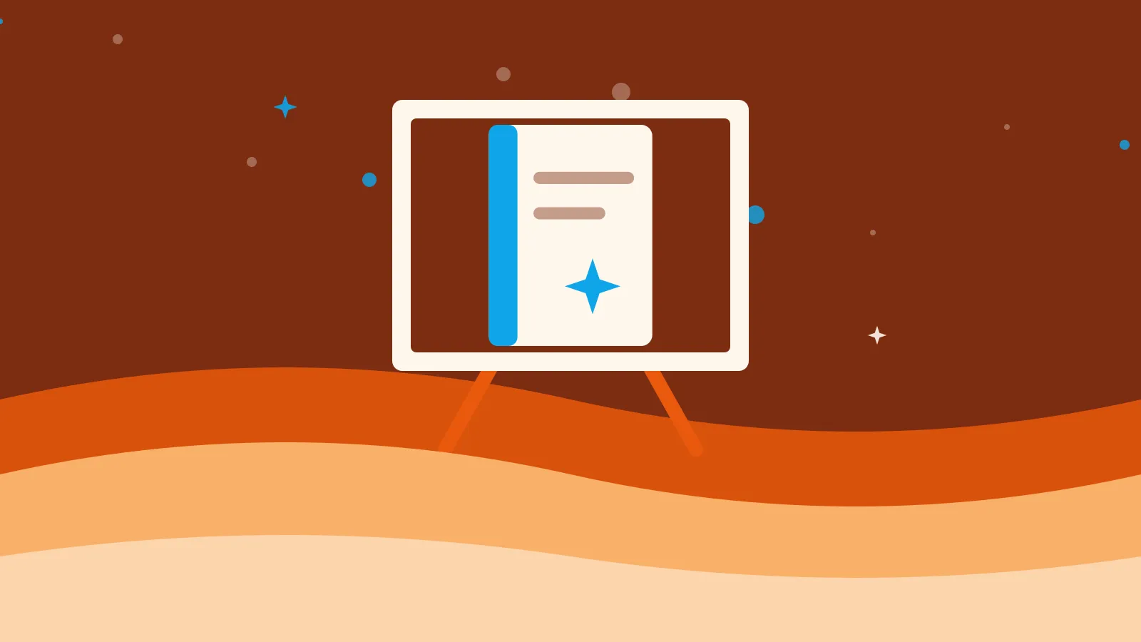Illustration of a book cover with title lines and a star on a canvas and easel, on warm orange waves