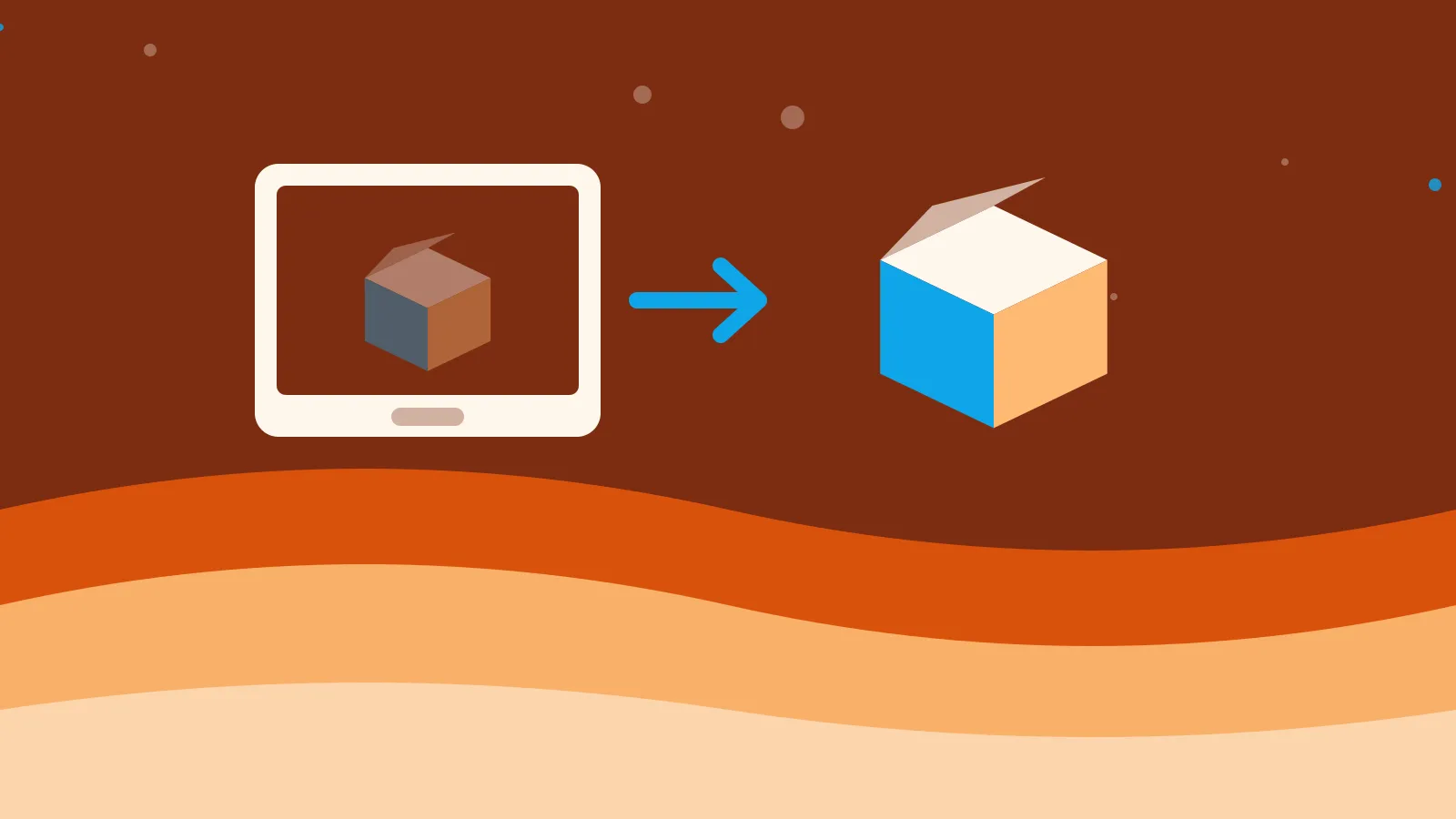 Illustration of a cardboard box stepping out of a screen, on warm orange waves