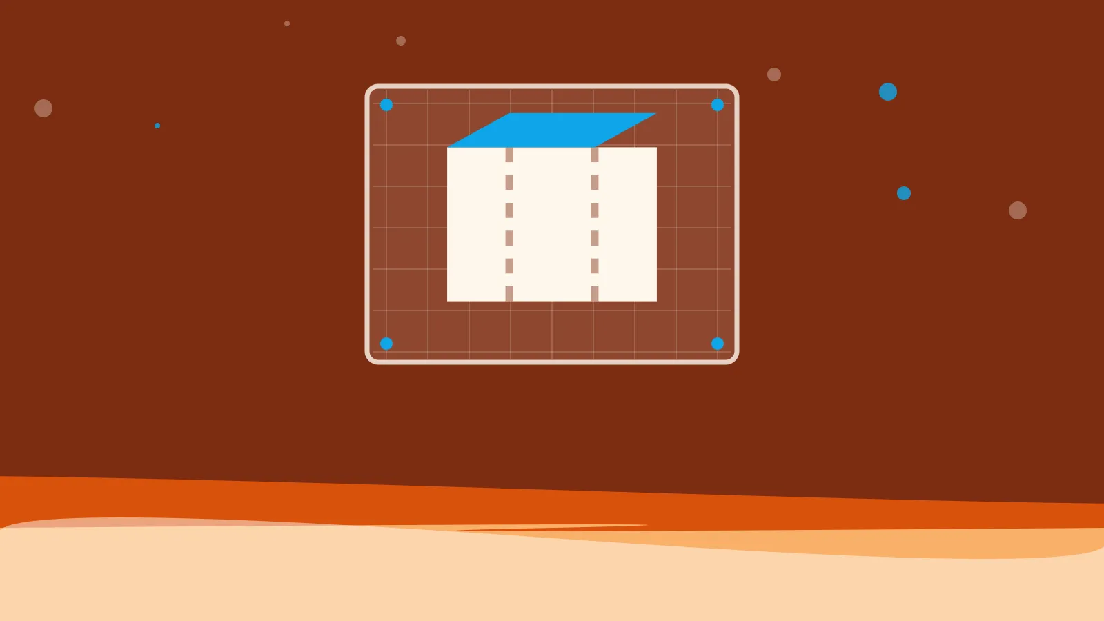 Illustration of a flat cardboard sheet with fold lines drafted on a blueprint, on warm orange waves